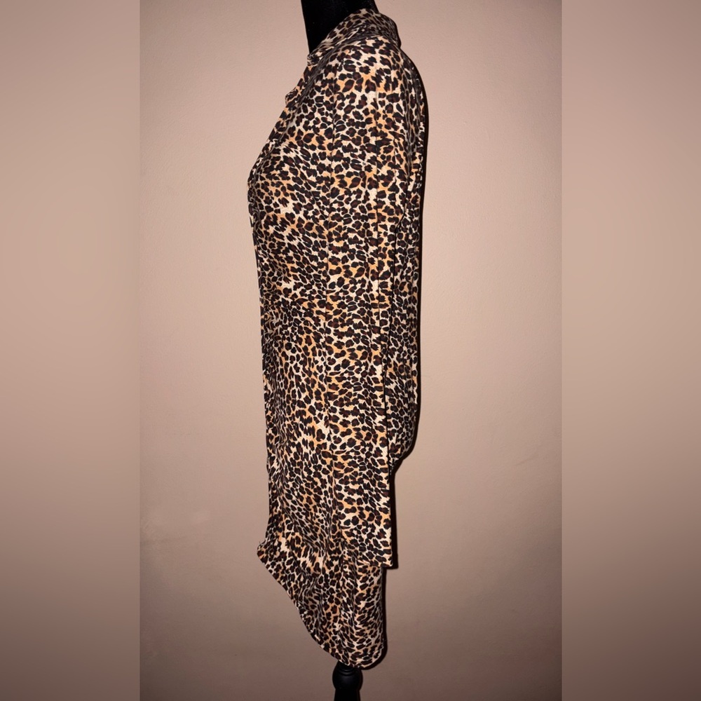 Leopard Print Midi Long Sleeve Collar Cotton Dress with center cinching - Picture 2 of 4